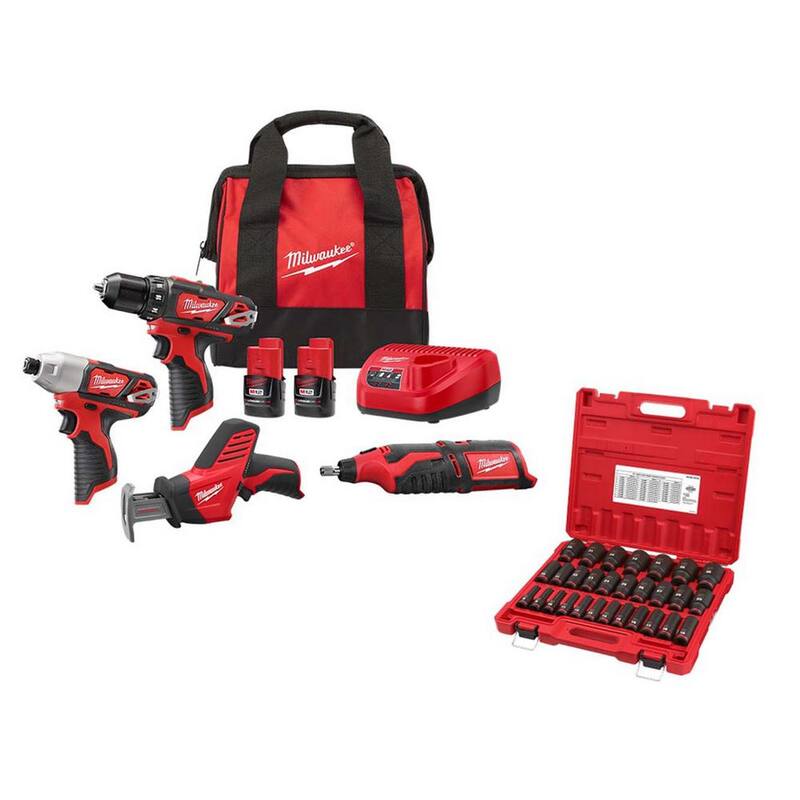 Milwaukee M12 12V Li-Ion Inalámbrico Combo Kit de 4 Herramientas w (2) Baterías Compactas de 1.5Ah y Cargador w Juego de Vasos Métricos de 1/2 pulgadas (29 piezas) - 2497-24H-49-66-7015