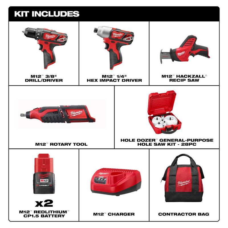 Estuche combinado de 4 herramientas inalámbricas Milwaukee M12 de 12 V con baterías compactas de 1,5 Ah y cargador con set de sierra copa (28 piezas) - 2497-24H-49-22-4185