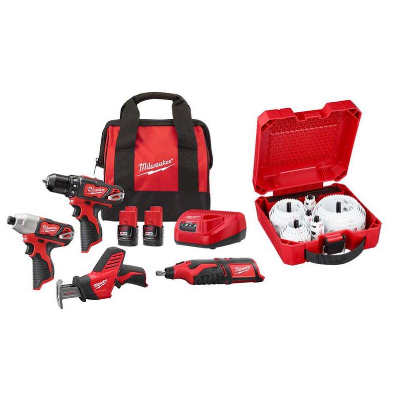 Estuche combinado de 4 herramientas inalámbricas Milwaukee M12 de 12 V con baterías compactas de 1,5 Ah y cargador con set de sierra copa (28 piezas) - 2497-24H-49-22-4185