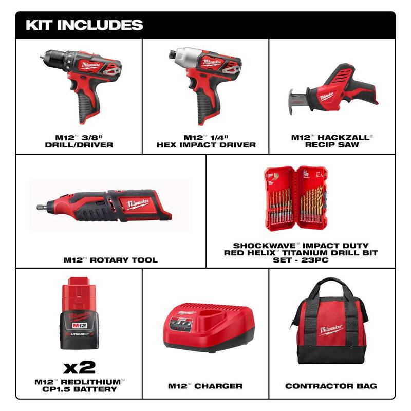Juego de herramientas inalámbricas de 4 piezas Milwaukee M12 de 12V con baterías compactas de 1.5Ah (2 unidades) y cargador con set de puntas SHOCKWAVE (23 piezas) - 2497-24H-48-89-4631.