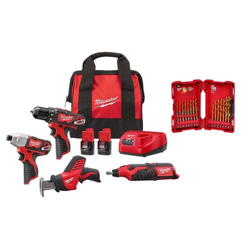 Juego de herramientas inalámbricas de 4 piezas Milwaukee M12 de 12V con baterías compactas de 1.5Ah (2 unidades) y cargador con set de puntas SHOCKWAVE (23 piezas) - 2497-24H-48-89-4631.