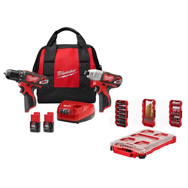 Milwaukee M12 12V Taladro Inalámbrico/Atornillador de Impacto Combo Kit con (2) Baterías de 1.5Ah, Cargador y Set de Puntas PACKOUT (60 Piezas) - 2494-22-48-32-5162