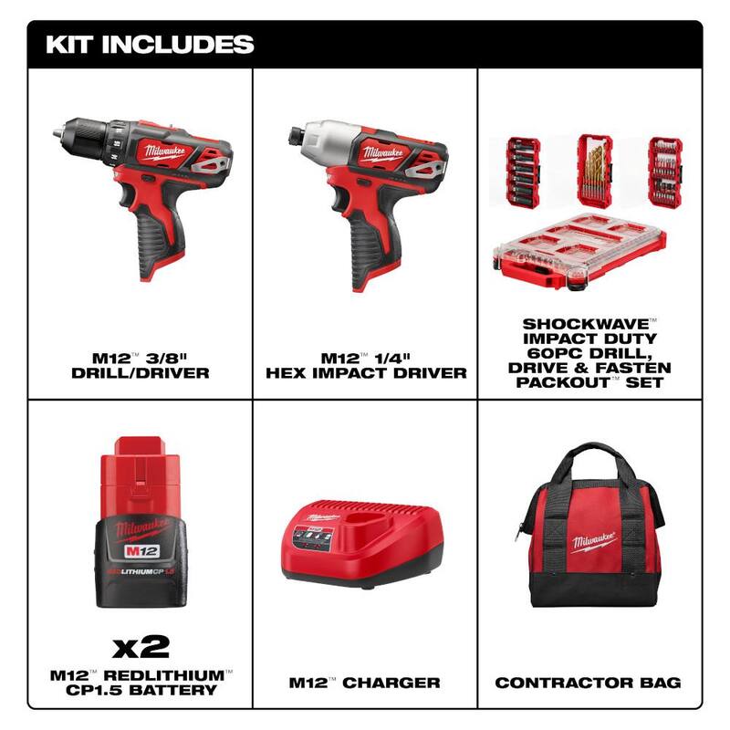 Milwaukee M12 12V Taladro Inalámbrico/Atornillador de Impacto Combo Kit con (2) Baterías de 1.5Ah, Cargador y Set de Puntas PACKOUT (60 Piezas) - 2494-22-48-32-5162