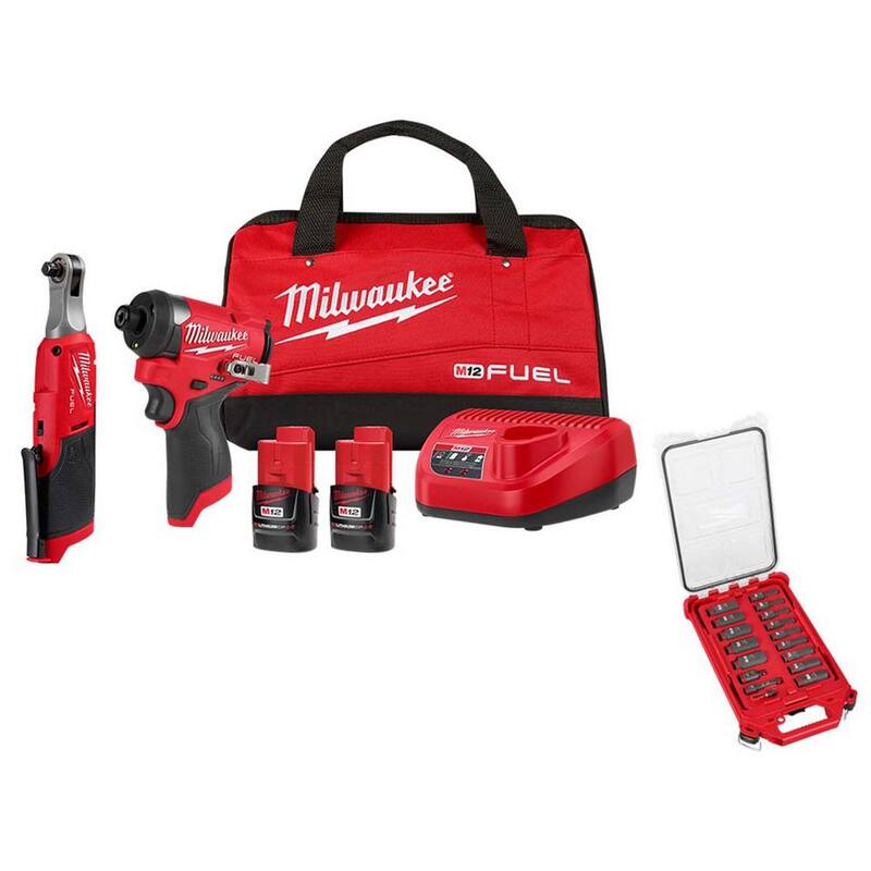Juego de combo Milwaukee M12 FUEL 12V Li-Ion inalámbrico de 3/8 pulg. Trinquete y 1/4 pulg. Destornillador de impacto (2 herramientas) con baterías, cargador, juego de llaves de vaso - 3453-22HSR-49-66-6800
