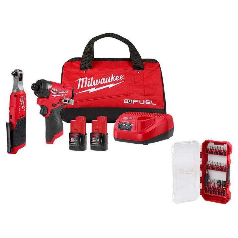 Juego de combo Milwaukee M12 FUEL 12V Li-Ion inalámbrico de 3/8 pulgadas Ratchet y 1/4 pulgadas Impact Driver (2 herramientas) con baterías, cargador y juego de bits - 3453-22HSR-48-32-4095.