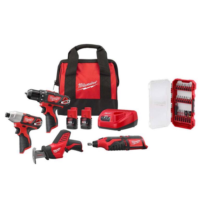 Juego combinado de 4 herramientas inalámbricas Milwaukee M12 12V de iones de litio con (2) baterías compactas de 1.5Ah y cargador y juego de puntas SHOCKWAVE (25 piezas) - 2497-24H-48-32-4095.