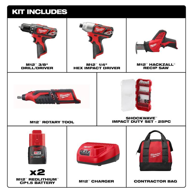 Juego combinado de 4 herramientas inalámbricas Milwaukee M12 12V de iones de litio con (2) baterías compactas de 1.5Ah y cargador y juego de puntas SHOCKWAVE (25 piezas) - 2497-24H-48-32-4095.