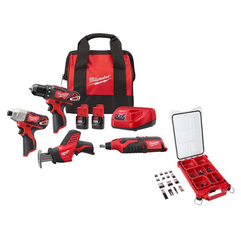 Milwaukee M12 Juego Combo de 4 herramientas inalámbricas de 12V de Li-Ion con (2) baterías compactas de 1.5Ah, cargador y set de puntas con maletín PACKOUT (100 piezas) - 2497-24H-48-32-4082