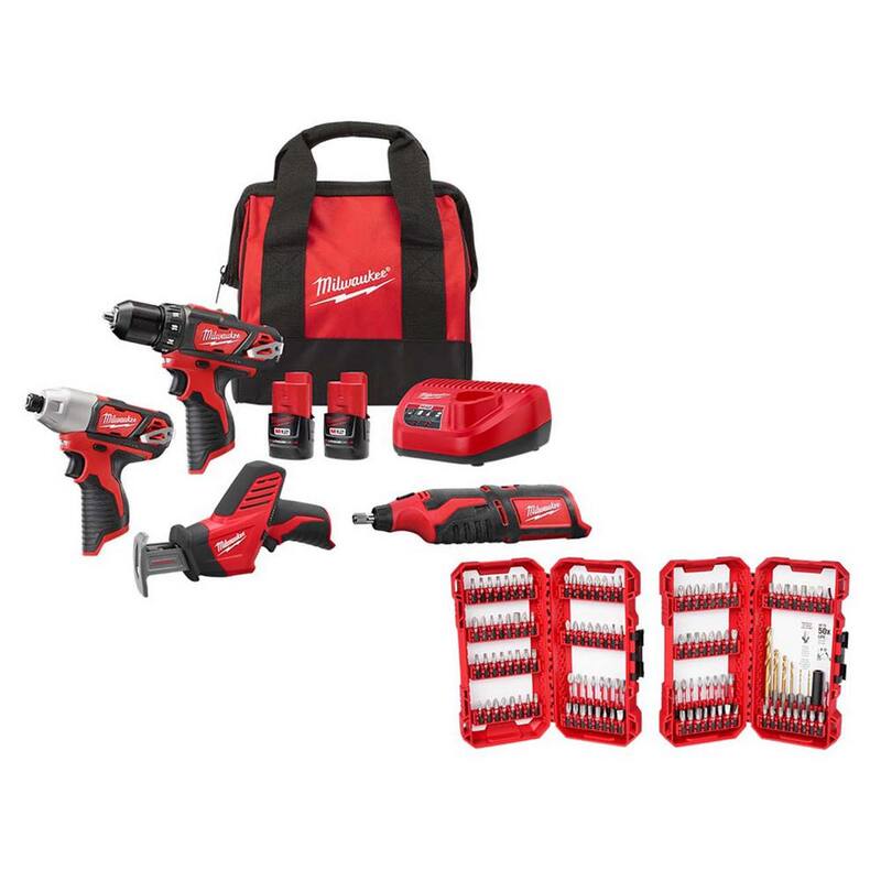 Juego de combo inalámbrico de 4 herramientas Milwaukee M12 12V de iones de litio con (2) baterías compactas de 1.5Ah, cargador y juego de puntas SHOCKWAVE (120 piezas) - 2497-24H-48-32-5155