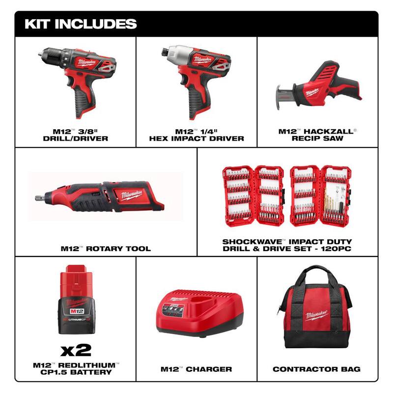 Juego de combo inalámbrico de 4 herramientas Milwaukee M12 12V de iones de litio con (2) baterías compactas de 1.5Ah, cargador y juego de puntas SHOCKWAVE (120 piezas) - 2497-24H-48-32-5155