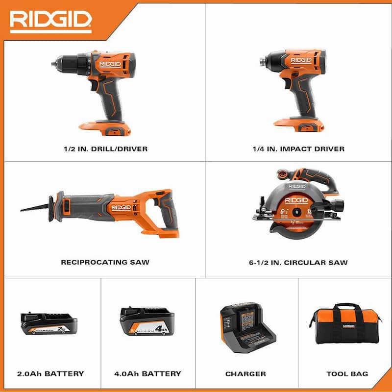 RIDGID Juego de Combinación de 4 Herramientas Inalámbricas de 18V con (1) Batería de 4.0 Ah, (1) Batería de 2.0 Ah, Cargador y Bolsa - R96256