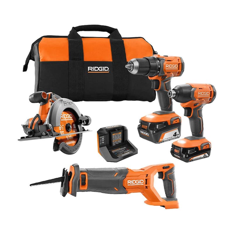 RIDGID Juego de Combinación de 4 Herramientas Inalámbricas de 18V con (1) Batería de 4.0 Ah, (1) Batería de 2.0 Ah, Cargador y Bolsa - R96256