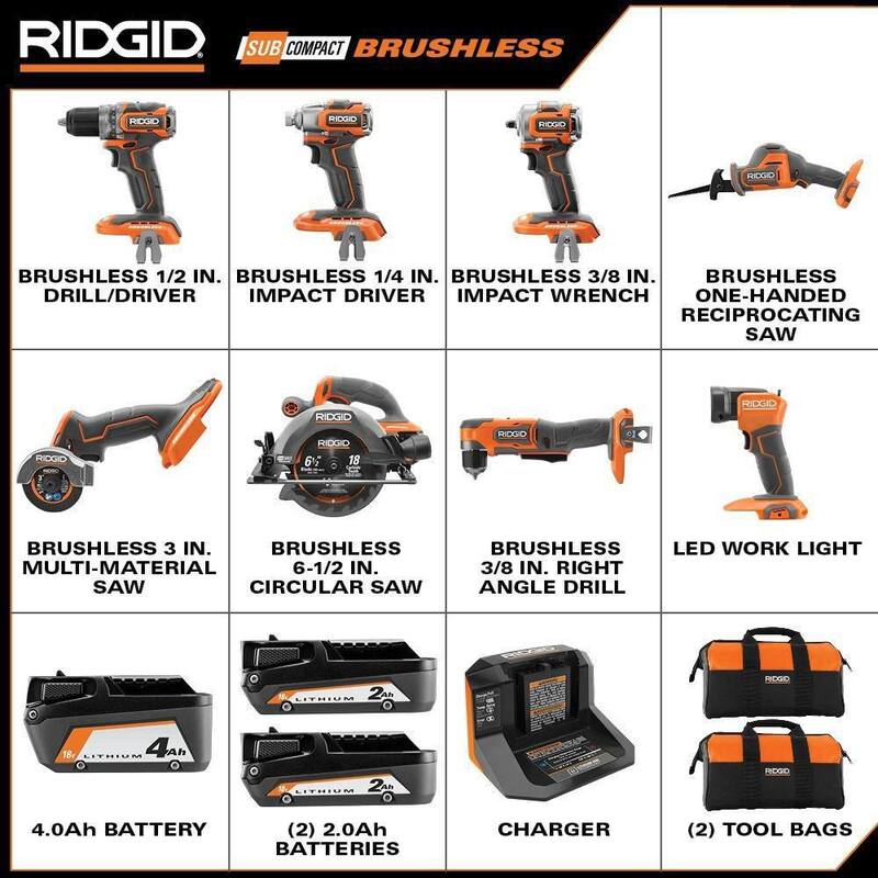 Kit de Combo Inalámbrico de 8 Herramientas RIDGID 18V SubCompact Brushless con (2) baterías de 2.0 Ah, batería de 4.0 Ah, cargador y bolsa - R96262N