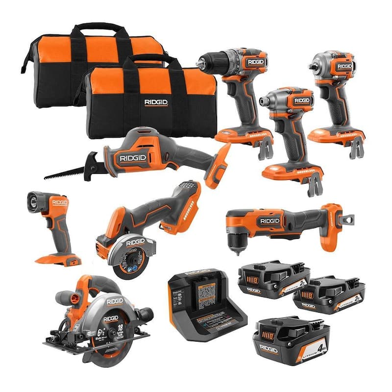 Kit de Combo Inalámbrico de 8 Herramientas RIDGID 18V SubCompact Brushless con (2) baterías de 2.0 Ah, batería de 4.0 Ah, cargador y bolsa - R96262N