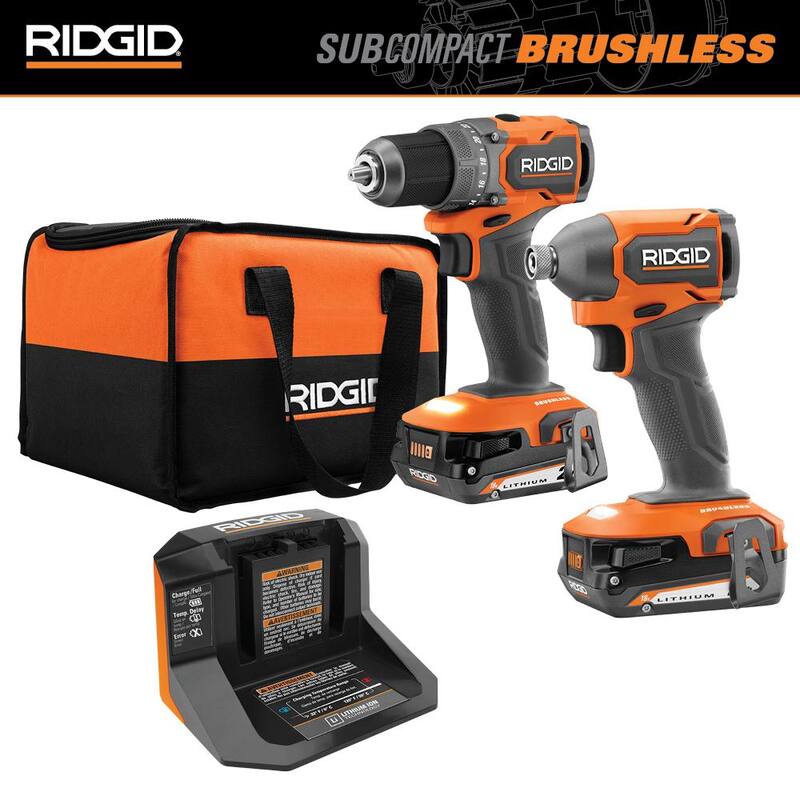 Kit de combo RIDGID 18V SubCompact Brushless de 2 herramientas con taladro/driver, impact driver, (2) baterías de 2.0 Ah, cargador y bolsa de herramientas - R97801
