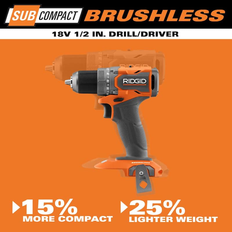 Kit de combo RIDGID 18V SubCompact Brushless de 2 herramientas con taladro/driver, impact driver, (2) baterías de 2.0 Ah, cargador y bolsa de herramientas - R97801