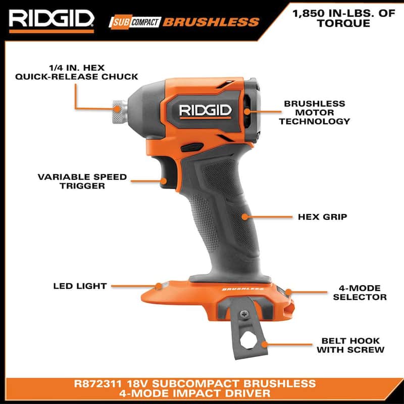 Kit de combo RIDGID 18V SubCompact Brushless de 2 herramientas con taladro/driver, impact driver, (2) baterías de 2.0 Ah, cargador y bolsa de herramientas - R97801