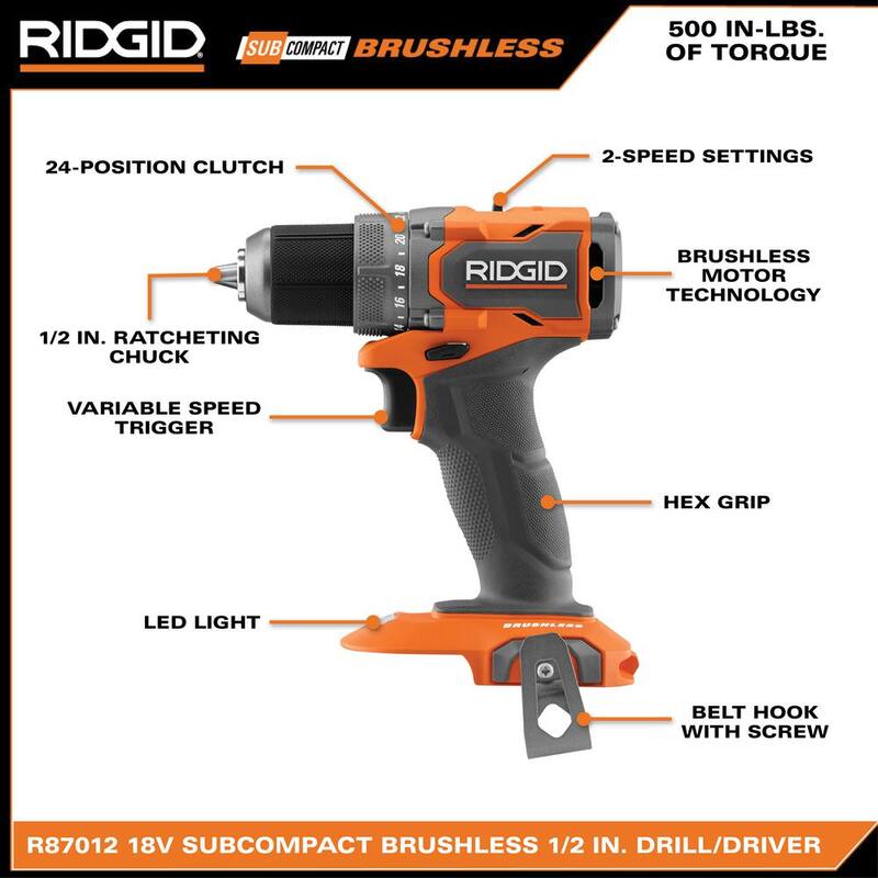 Kit de combo RIDGID 18V SubCompact Brushless de 2 herramientas con taladro/driver, impact driver, (2) baterías de 2.0 Ah, cargador y bolsa de herramientas - R97801