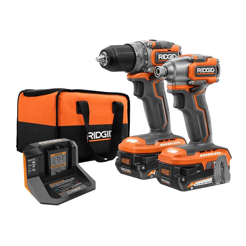 Kit de combo RIDGID 18V SubCompact Brushless de 2 herramientas con taladro/driver, impact driver, (2) baterías de 2.0 Ah, cargador y bolsa de herramientas - R97801