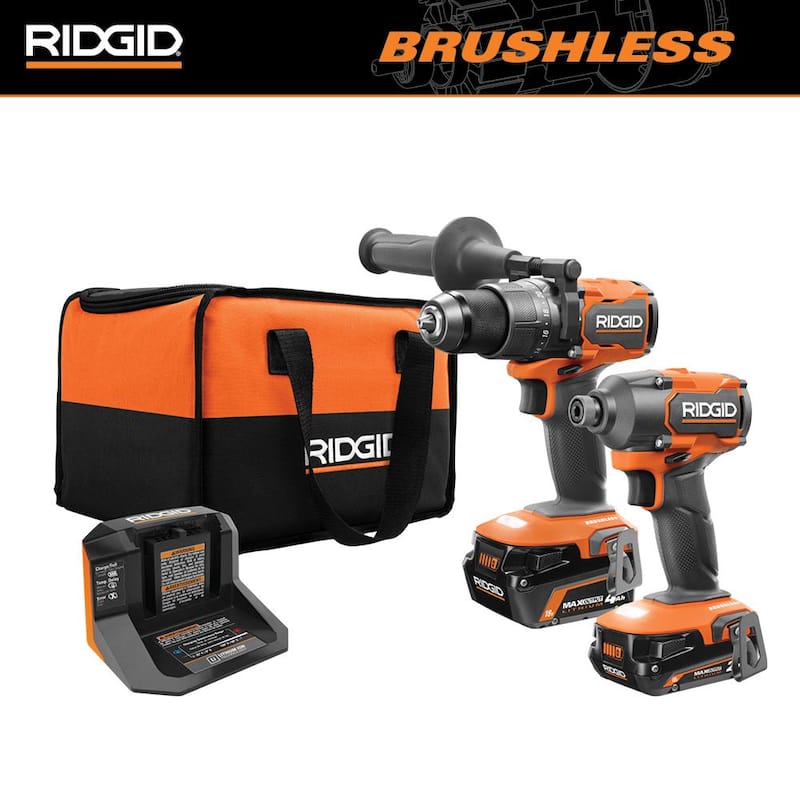 Kit combo inalámbrico sin escobillas RIDGID de 18V con taladro percutor, destornillador de impacto, (2) baterías, cargador y bolsa - R9208