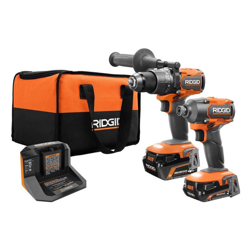 Kit combo inalámbrico sin escobillas RIDGID de 18V con taladro percutor, destornillador de impacto, (2) baterías, cargador y bolsa - R9208