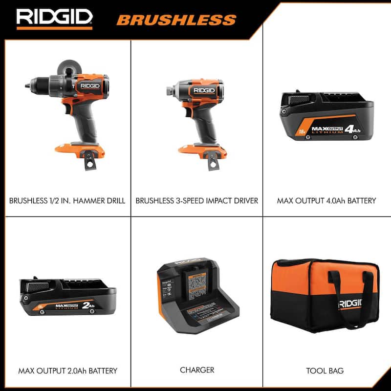Kit combo inalámbrico sin escobillas RIDGID de 18V con taladro percutor, destornillador de impacto, (2) baterías, cargador y bolsa - R9208