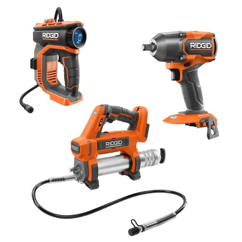 Kit combo de 3 herramientas inalámbricas RIDGID de 18V con llave de impacto de medio torque sin escobillas de 1/2 pulgadas, pistola de grasa e inflador digital (sólo herramientas) - R92164SB2