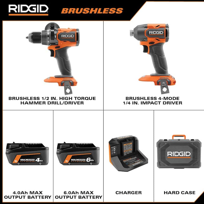 Juego de combinación de 2 herramientas RIDGID 18V Brushless con baterías de salida MAX de 6.0 Ah y 4.0 Ah, cargador y estuche rígido - R92082