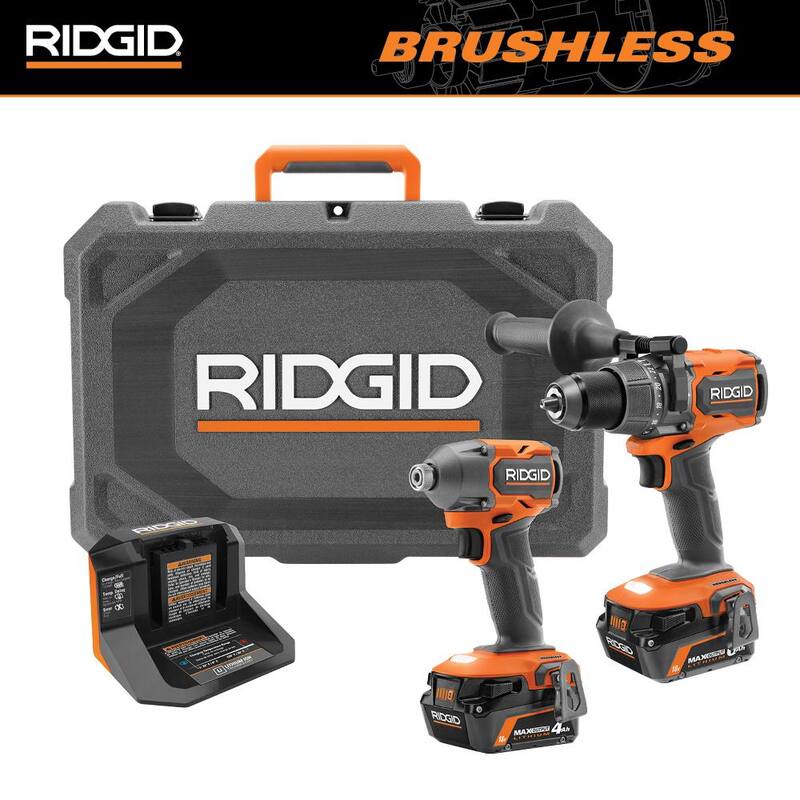 Juego de combinación de 2 herramientas RIDGID 18V Brushless con baterías de salida MAX de 6.0 Ah y 4.0 Ah, cargador y estuche rígido - R92082