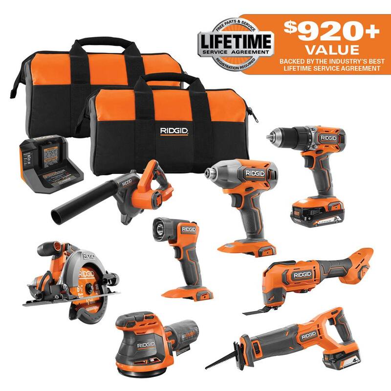 Kit combo inalámbrico RIDGID de 18V con 8 herramientas, batería de 2.0 Ah, batería de 4.0 Ah y cargador - R96358