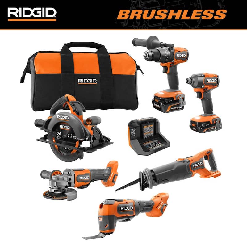 Kit combo inalámbrico sin escobillas RIDGID 18V de 6 herramientas con baterías de salida máxima de 4.0 Ah y 2.0 Ah y cargador - R96263