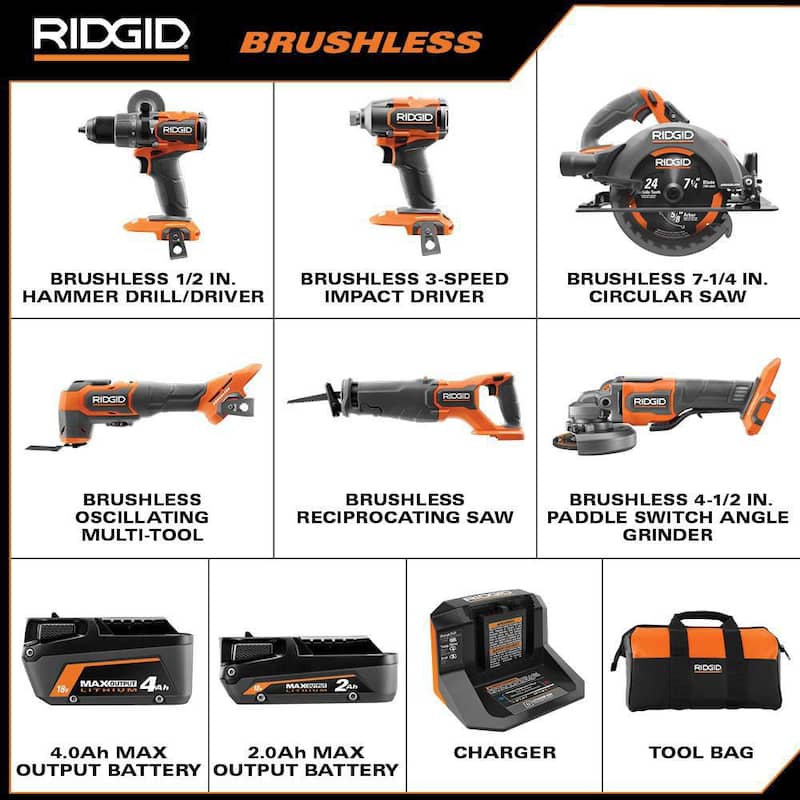 Kit combo inalámbrico sin escobillas RIDGID 18V de 6 herramientas con baterías de salida máxima de 4.0 Ah y 2.0 Ah y cargador - R96263
