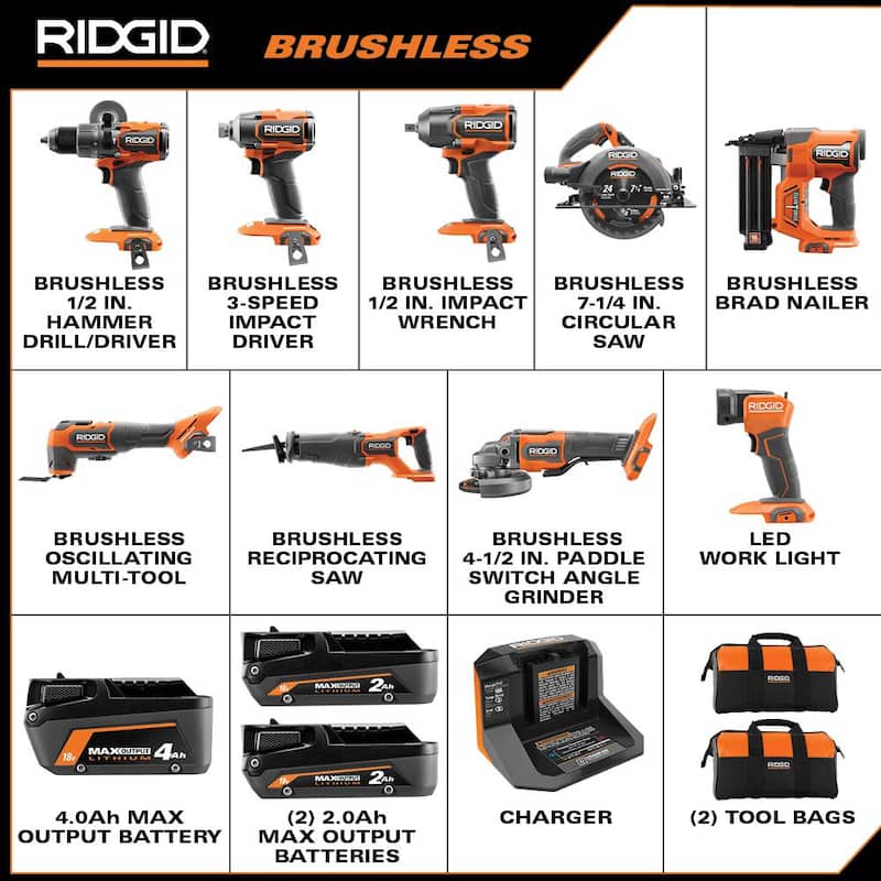 Kit combinado RIDGID 18V sin escobillas inalámbrico de 9 herramientas con (2) baterías de salida máxima de 2.0 Ah y (1) de 4.0 Ah, cargador y bolsa de herramientas - R96265N
