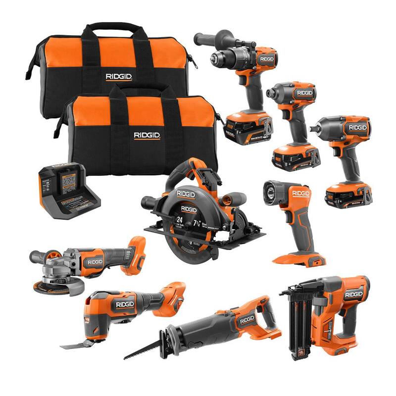 Kit combinado RIDGID 18V sin escobillas inalámbrico de 9 herramientas con (2) baterías de salida máxima de 2.0 Ah y (1) de 4.0 Ah, cargador y bolsa de herramientas - R96265N