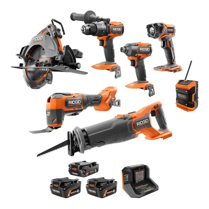 RIDGID Kit de Combo Inalámbrico sin Escobillas de 18V con 7 Herramientas, una Batería de 2.0 Ah, dos Baterías de 4.0 Ah y Cargador - R9258SB