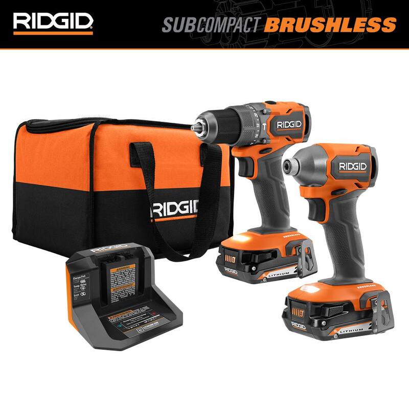 Juego de combo RIDGID 18V subcompacto sin escobillas inalámbrico de 2 herramientas con taladro percutor, destornillador de impacto, (2) baterías de 2.0 Ah, cargador y bolsa - R9782