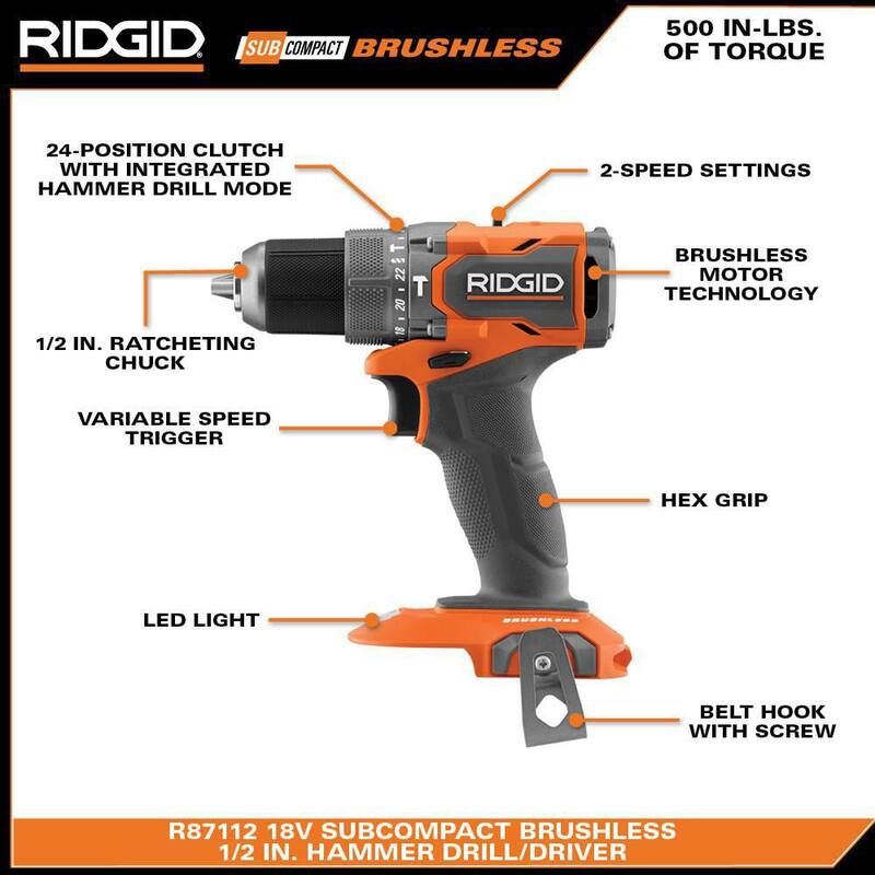Juego de combo RIDGID 18V subcompacto sin escobillas inalámbrico de 2 herramientas con taladro percutor, destornillador de impacto, (2) baterías de 2.0 Ah, cargador y bolsa - R9782
