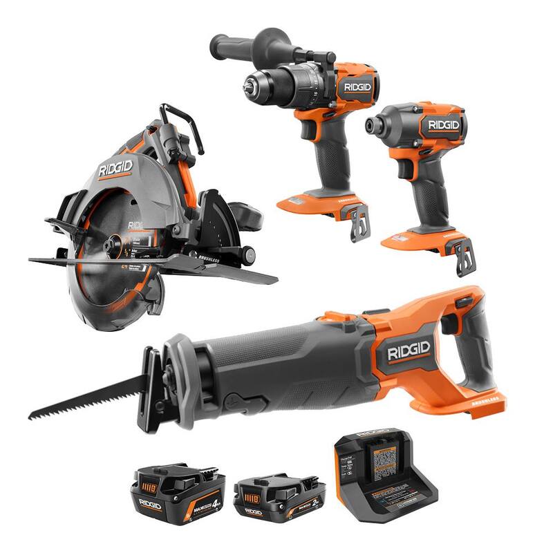 Kit combinado inalámbrico sin escobillas RIDGID de 18V con 4 herramientas, 1 batería de 4.0 Ah, 1 batería de 2.0 Ah y cargador - R9259SB