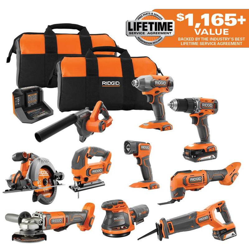 RIDGID 18V Juego de Combinación de 10 Herramientas Inalámbricas con Batería de 2.0 Ah, Batería de 4.0 Ah, Cargador y Bolsa de Herramientas - R96350