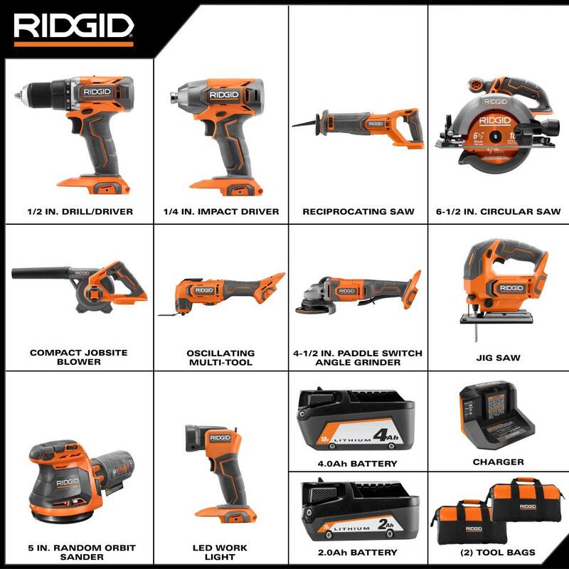 RIDGID 18V Juego de Combinación de 10 Herramientas Inalámbricas con Batería de 2.0 Ah, Batería de 4.0 Ah, Cargador y Bolsa de Herramientas - R96350