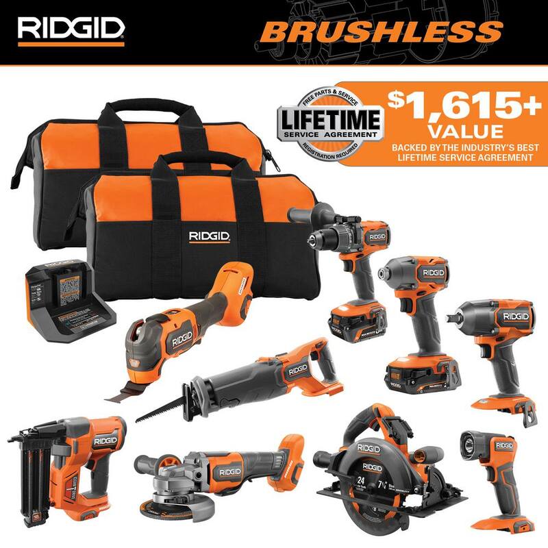 RIDGID 18V Juego de Combos de 9 Herramientas con Tecnología Brushless y Baterías de Salida Máximas de 6.0 Ah y 2.0 Ah con Cargador - R96267