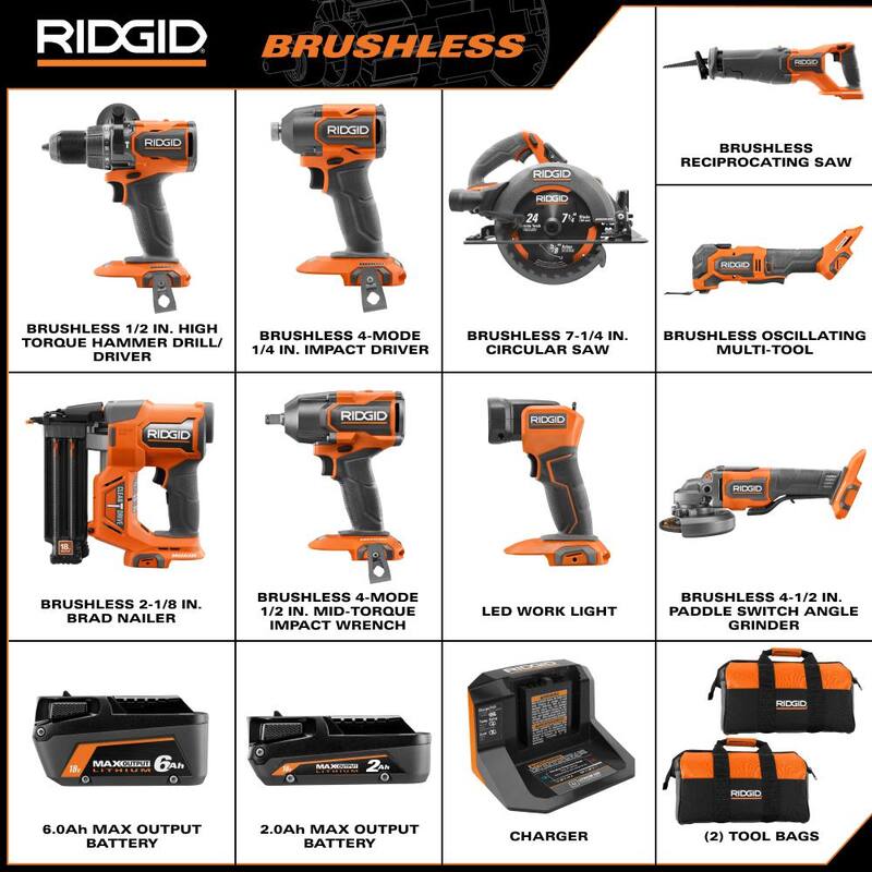 RIDGID 18V Juego de Combos de 9 Herramientas con Tecnología Brushless y Baterías de Salida Máximas de 6.0 Ah y 2.0 Ah con Cargador - R96267
