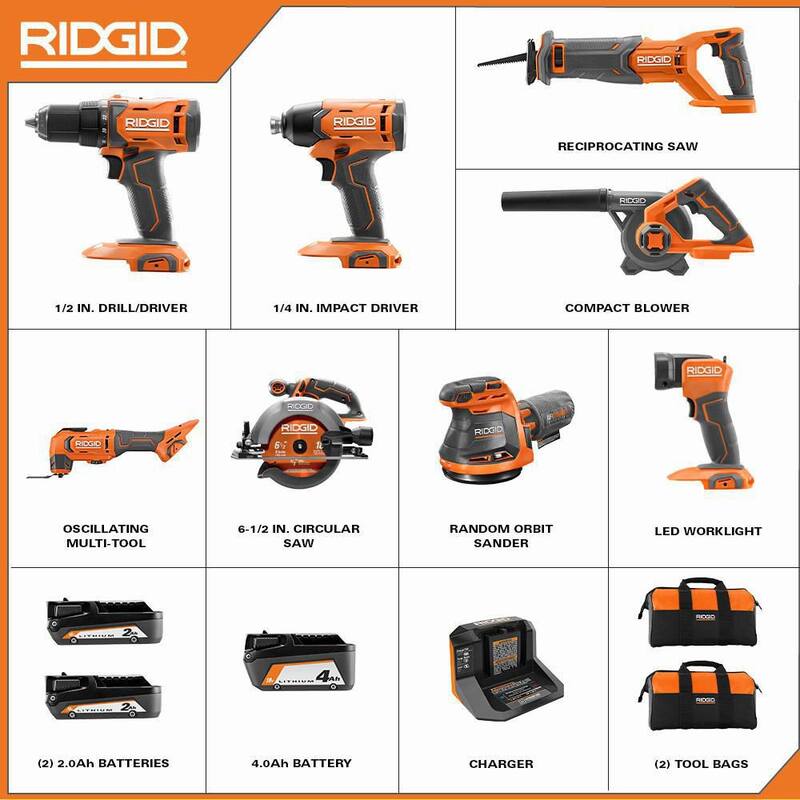 Juego de combo inalámbrico de 8 herramientas RIDGID de 18V con (2) Baterías de 2.0 Ah, (1) Batería de 4.0 Ah, Cargador y Bolsa - R96258