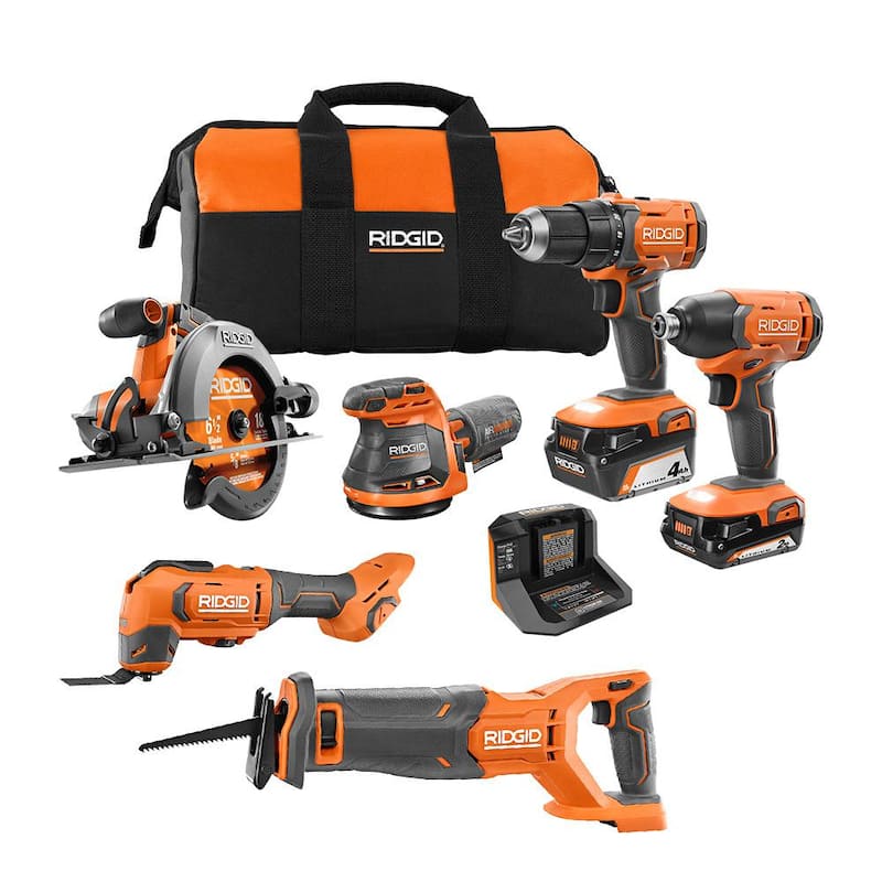 Juego de herramientas inalámbricas RIDGID de 18V con 6 herramientas, batería de 2.0 Ah, batería de 4.0 Ah, cargador y bolsa - R96257