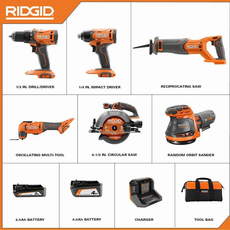 Juego de herramientas inalámbricas RIDGID de 18V con 6 herramientas, batería de 2.0 Ah, batería de 4.0 Ah, cargador y bolsa - R96257