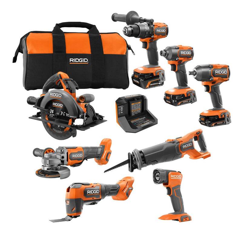 Juego de herramientas combinadas inalámbricas brushless de 18V RIDGID con 8 herramientas, con (2) baterías de salida máxima de 2.0 Ah y (1) de 4.0 Ah, y cargador - R96264N