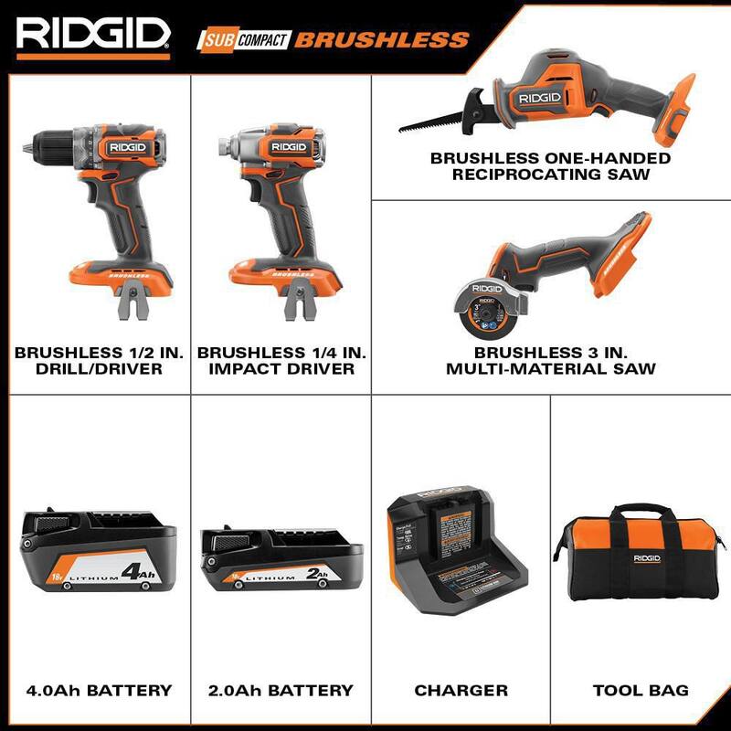 Kit combo RIDGID 18V SubCompact Brushless inalámbrico de 4 herramientas con batería de 2.0 Ah, batería de 4.0 Ah, cargador y bolsa - R96260