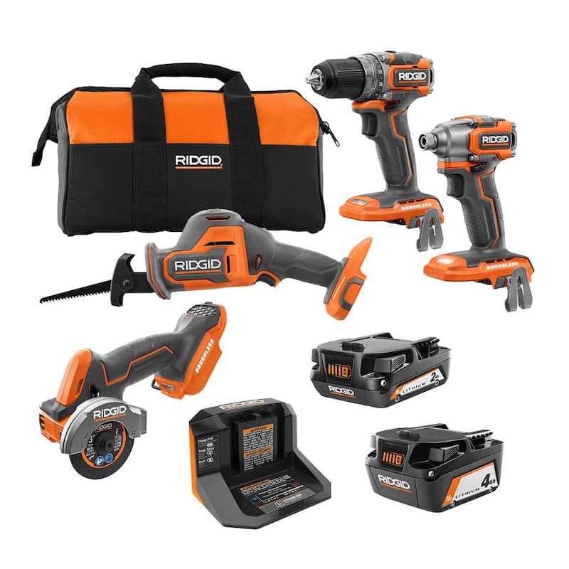 Kit combo RIDGID 18V SubCompact Brushless inalámbrico de 4 herramientas con batería de 2.0 Ah, batería de 4.0 Ah, cargador y bolsa - R96260