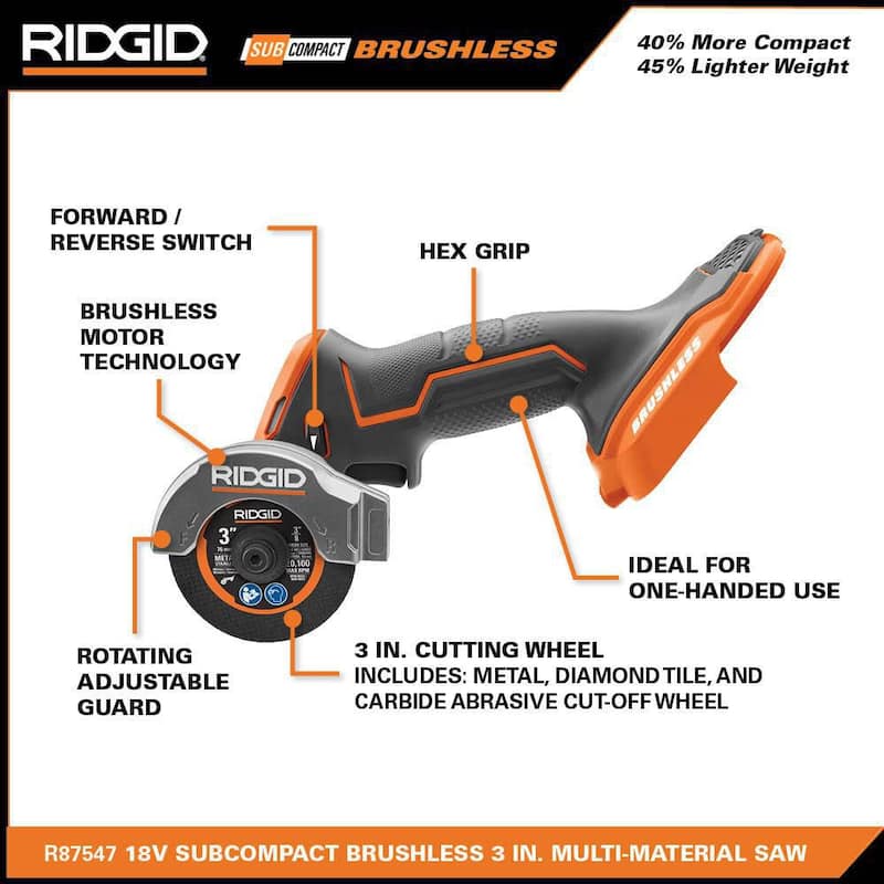 Kit combo RIDGID 18V SubCompact Brushless inalámbrico de 4 herramientas con batería de 2.0 Ah, batería de 4.0 Ah, cargador y bolsa - R96260