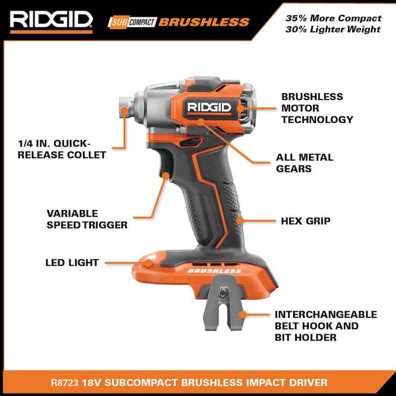 Kit combo RIDGID 18V SubCompact Brushless inalámbrico de 4 herramientas con batería de 2.0 Ah, batería de 4.0 Ah, cargador y bolsa - R96260